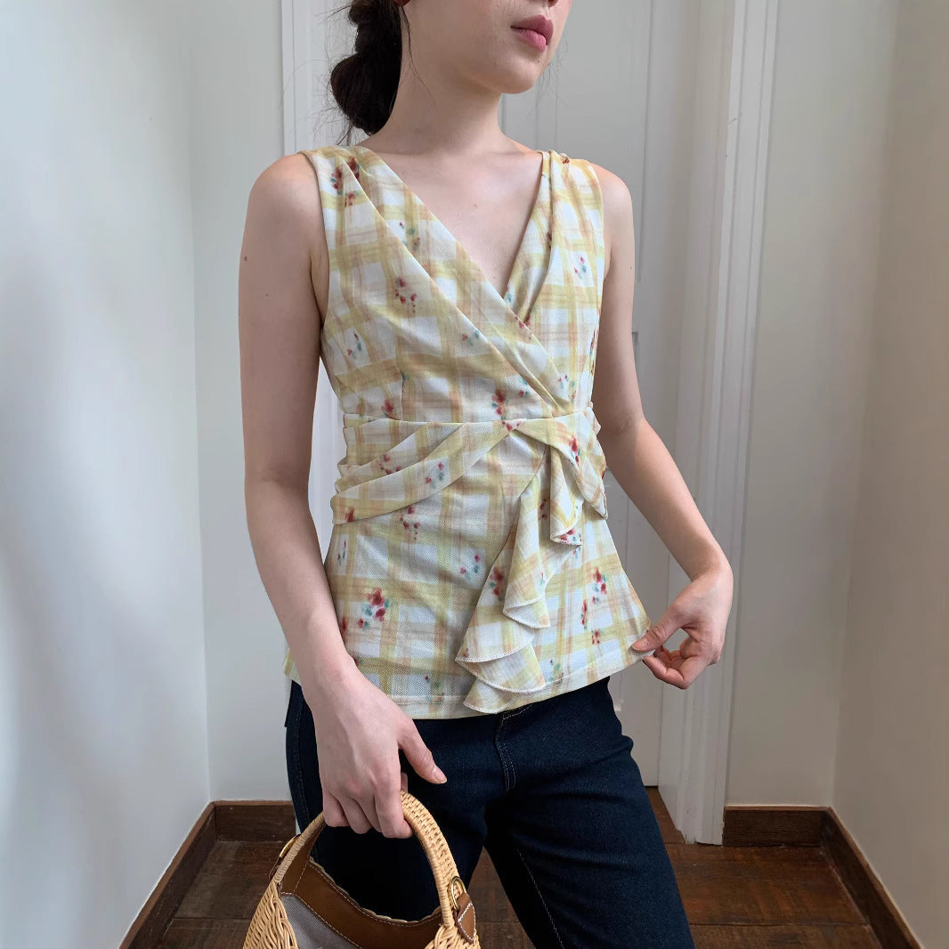 Plaid V-Neck Lace-Up Sleeveless Camisole Top