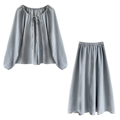 Korean gentle wind drawstring shirt + drape A-shaped skirt women's 26 spring new commuter suit