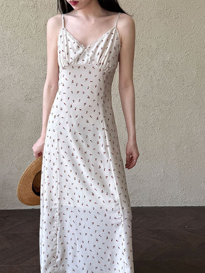 French temperament floral v-neck suspender skirt women's spring new slim-fitting and thin vest dress