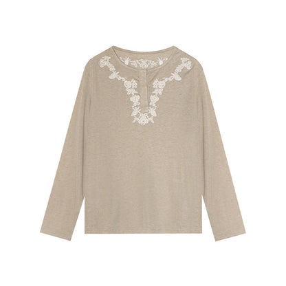 Loose Tencel Lyocell Embroidered Crew Neck Bottom Shirt
