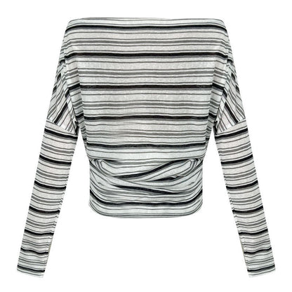 Light and thin sunscreen long-sleeved T-shirt for women~ Korean summer waist and thin one-word collar slanted shoulder striped top