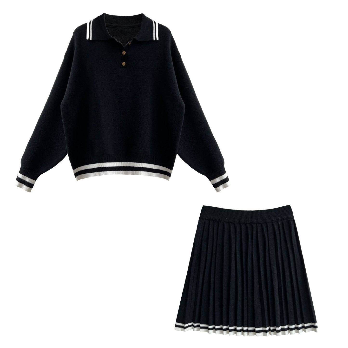 Academy style polo neck sweater + high waist pleated skirt set