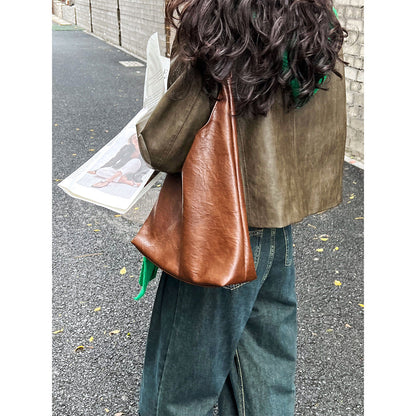 Autumn retro old Hong Kong style round neck PU leather jacket women's coffee green single-breasted jacket top