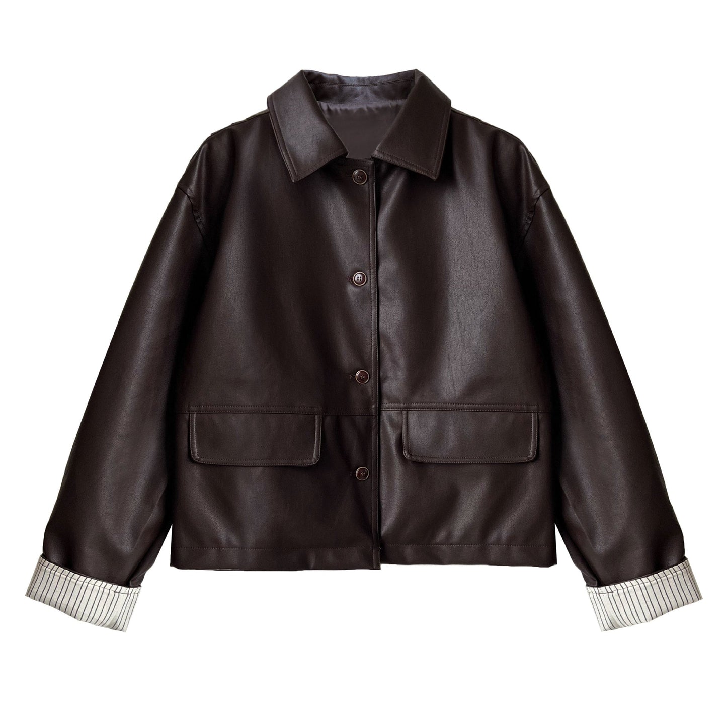 Retro PU leather jacket women's design contrast autumn new high-end sense motorcycle clip overcome