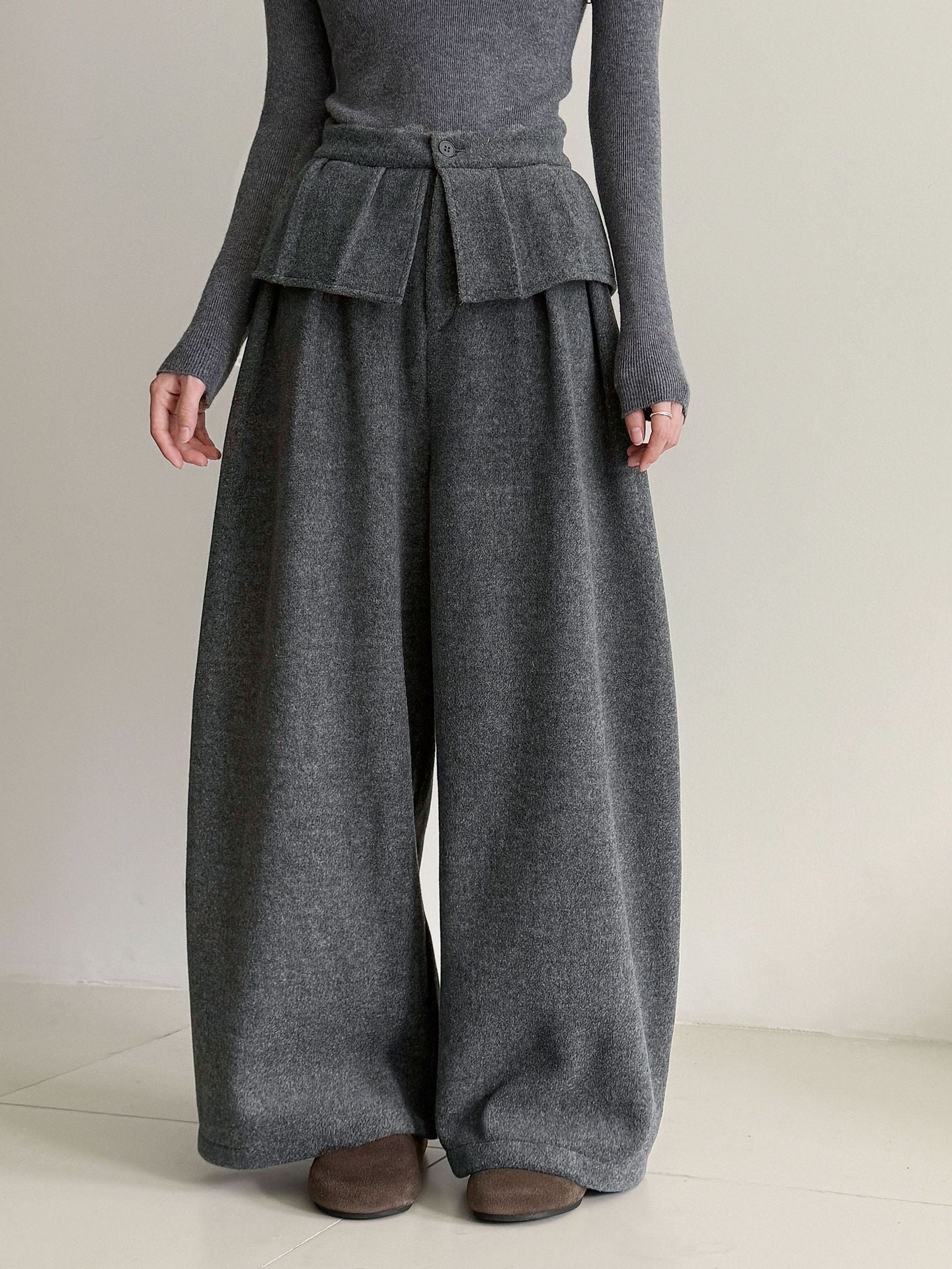 Korean style thickened wool blend wide-leg pants with patchwork detail - women's winter design, warm and casual trousers
