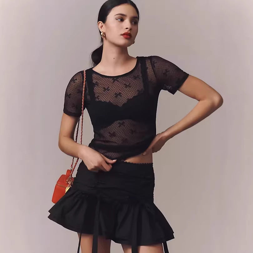 Mesh transparent lace bottomed short-sleeved top