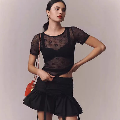 Mesh transparent lace bottomed short-sleeved top
