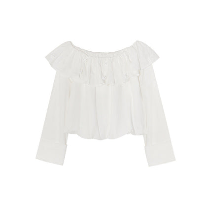 Sweet white ruffle design long-sleeved shirt