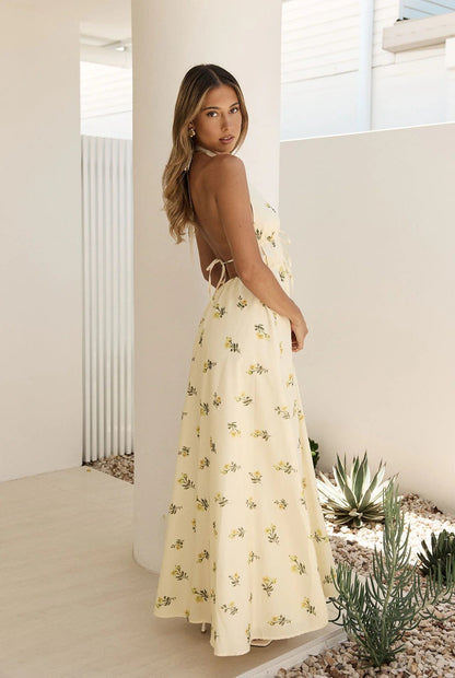 Sexy floral suspender skirt waist halter strap French holiday dress