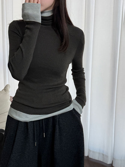 High-end contrasting color turtleneck bottomed knitted sweater for women's autumn and winter new slim-fitting and thin soft waxy top