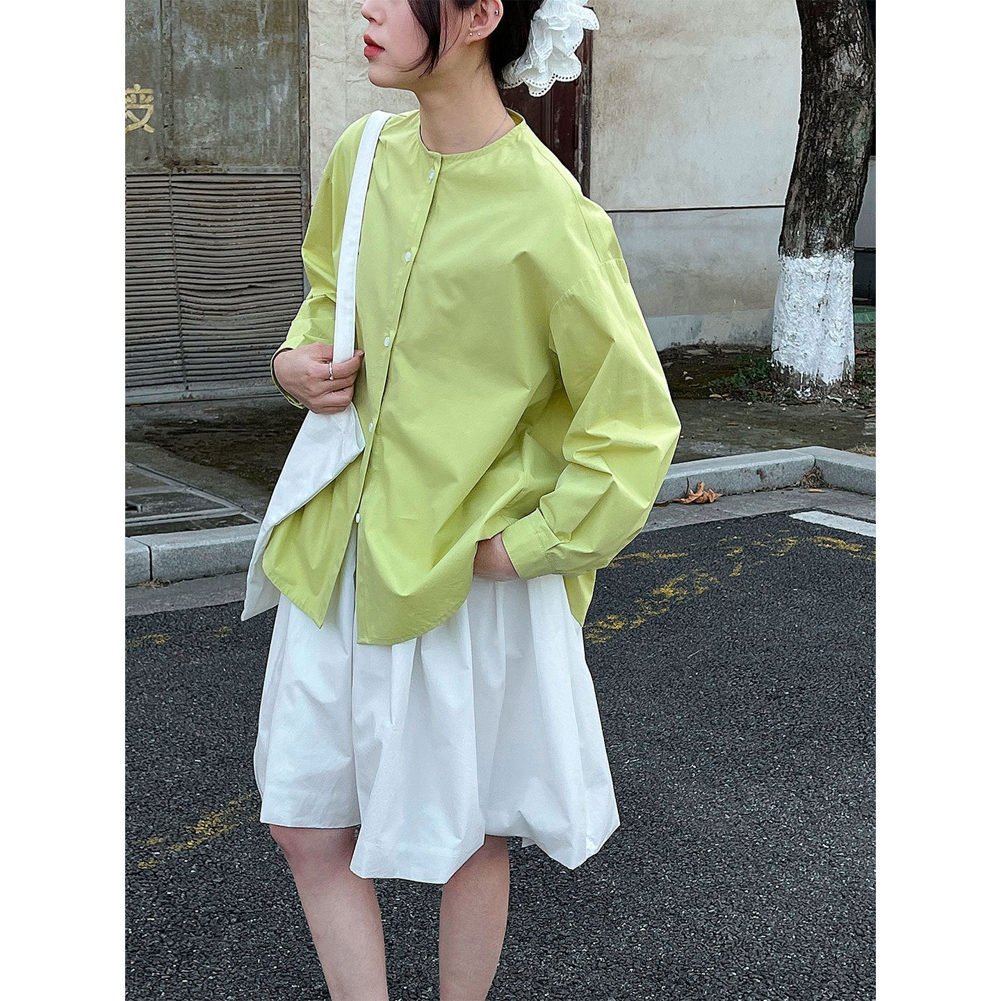 Simple Korean crew neck shirt top women's early spring stand-up collar casual versatile shirt jacket
