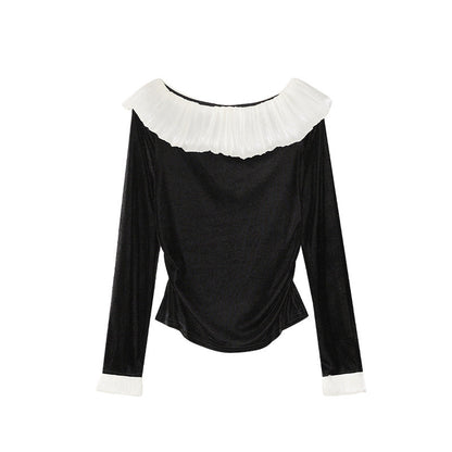Elegant pleated slim-fitting ruffle-edged velvet shirt