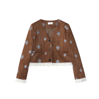 Vintage fringed design rhombus embroidered short temperament suede jacket