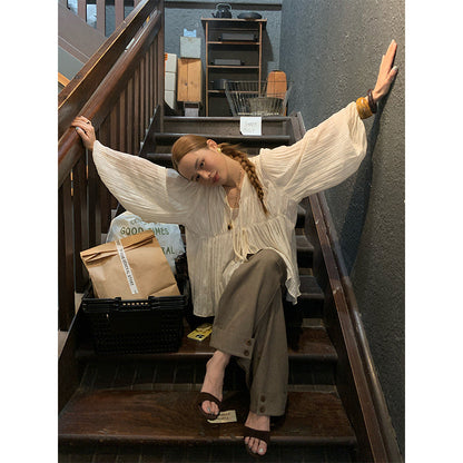 Lace-up V-neck pleated puff sleeves loose slimming shirt