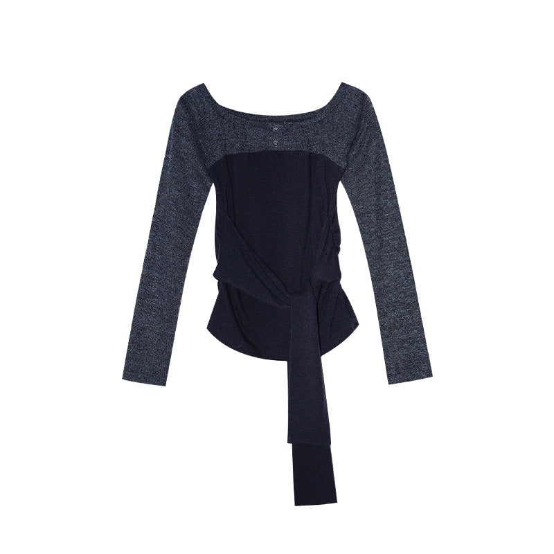 French literary and retro one-word shoulder lace-up long-sleeved splicing knitted sweater