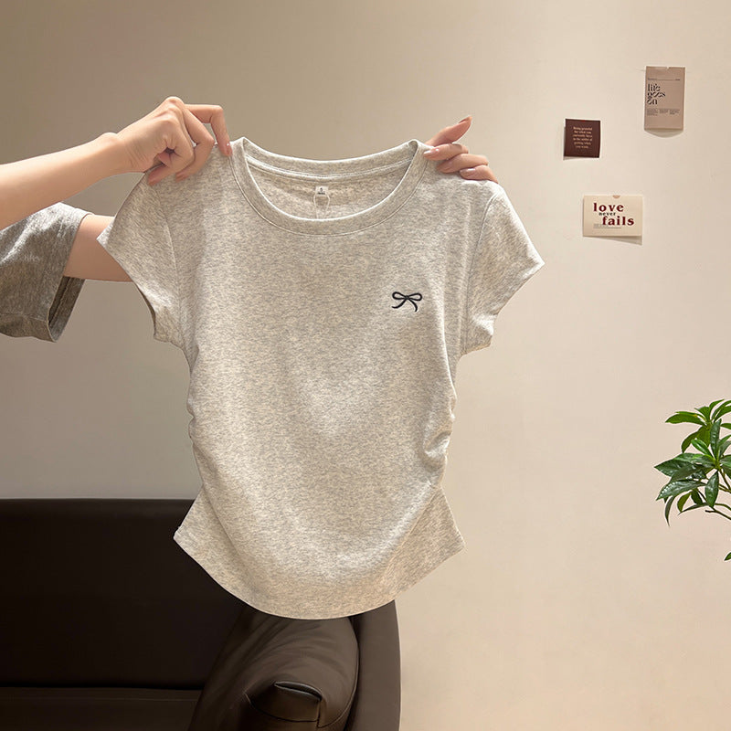 Round Neck Short Sleeve T-Shirt Women Pullover Pleated Embroidered Top