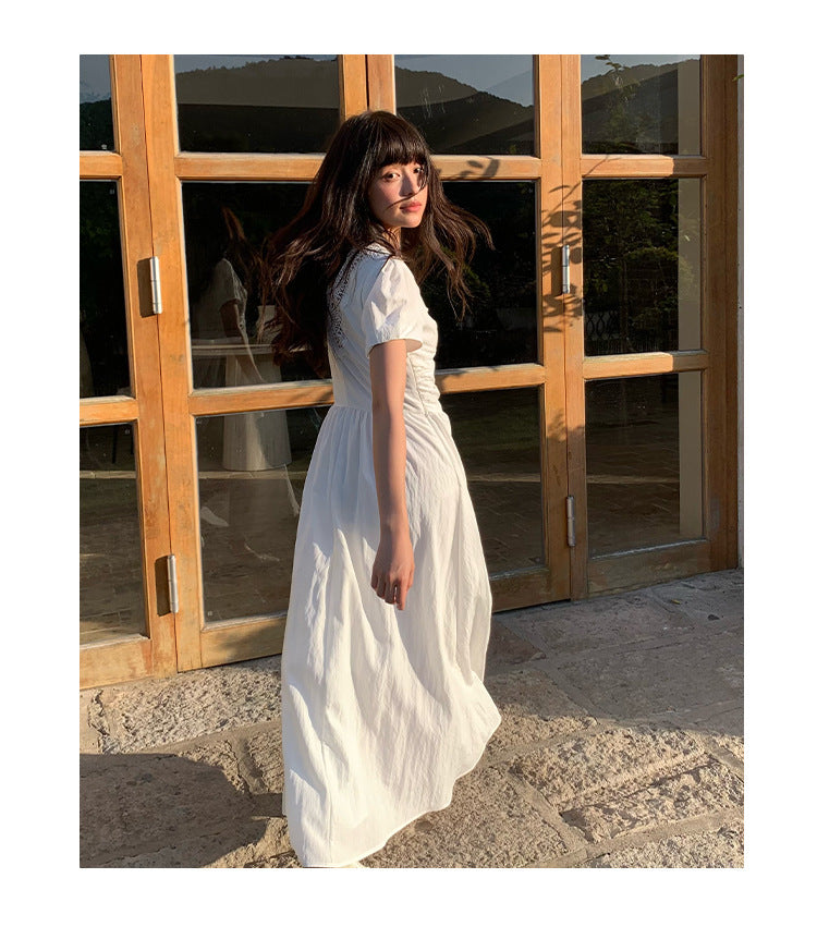 Pure and sweet bubble sleeve waist lace v-neck dress