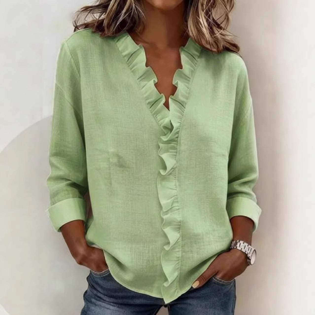 Spring women's fungus edge long-sleeved cotton shirt women's design sense spring new top shirt women's spring