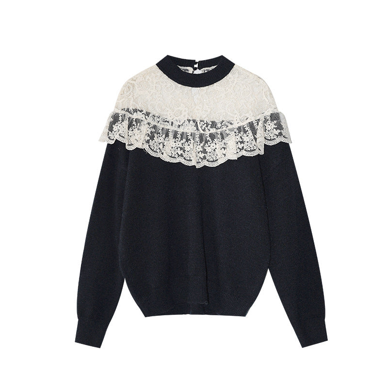 Age-reducing hollow lace splicing long-sleeved pullover knitted sweater