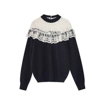 Age-reducing hollow lace splicing long-sleeved pullover knitted sweater