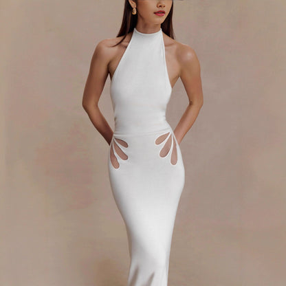 Sexy slim-fit hollowed-out neck-hanging knitted hip-wrapped skirt backless vacation dress