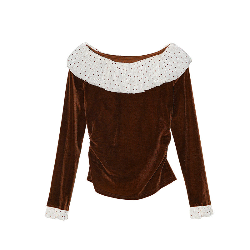 Elegant pleated slim-fitting ruffle-edged velvet shirt