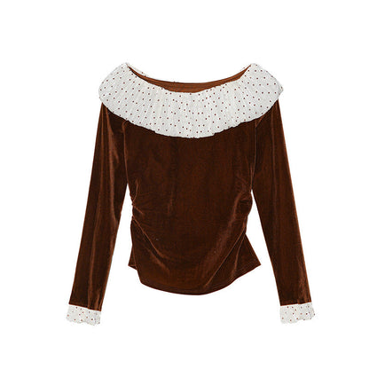 Elegant pleated slim-fitting ruffle-edged velvet shirt
