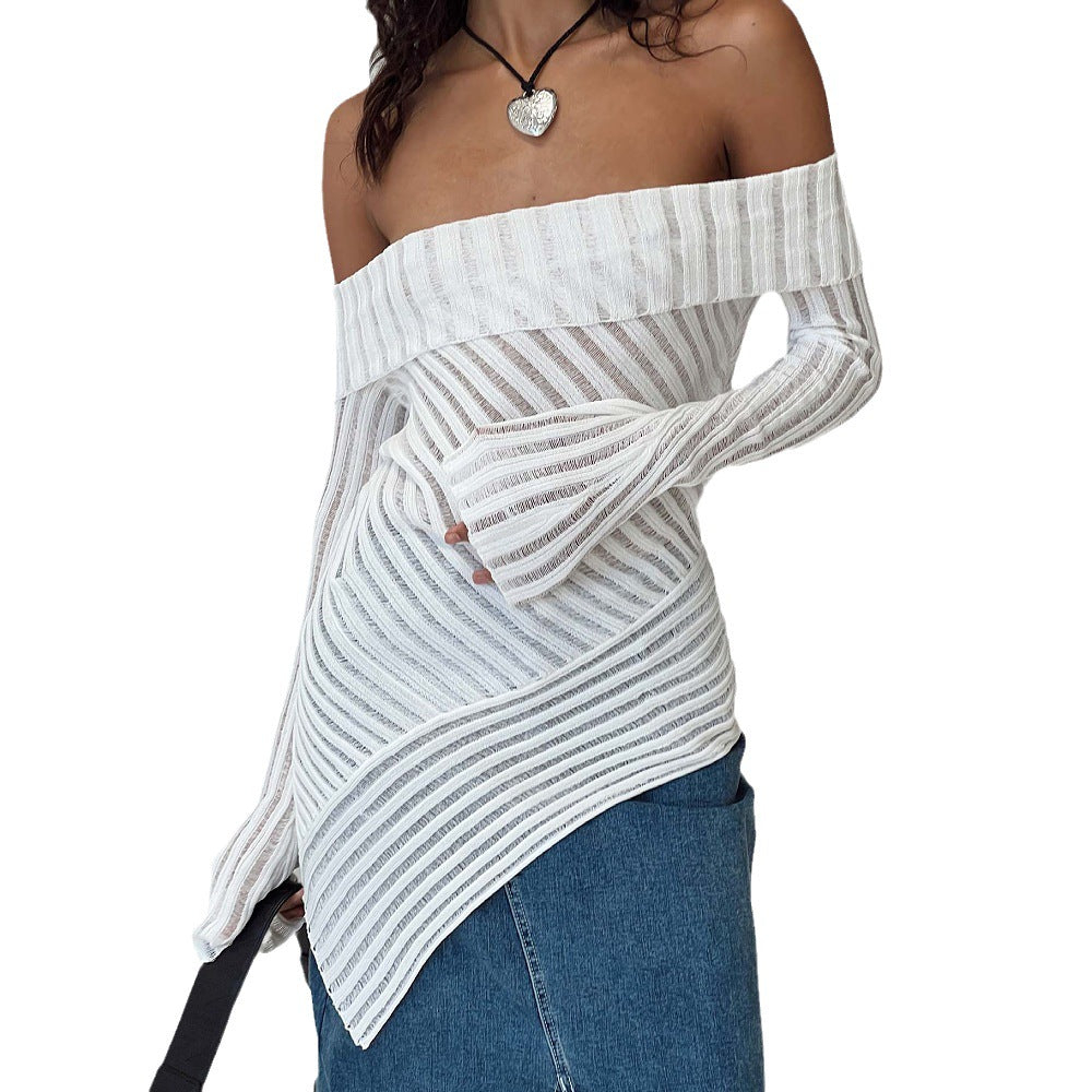 Off-Shoulder Knitted Sweater Women Long Sleeve Slim Fit French Style Top