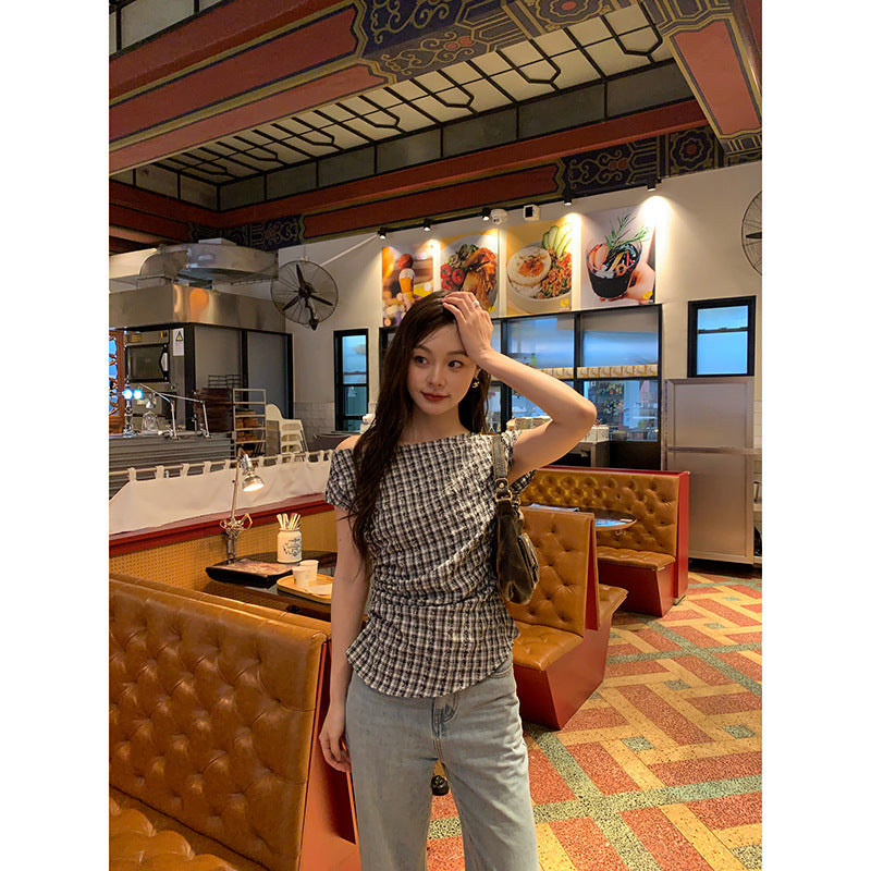 French design temperament slim-fit plaid slanted shoulder top