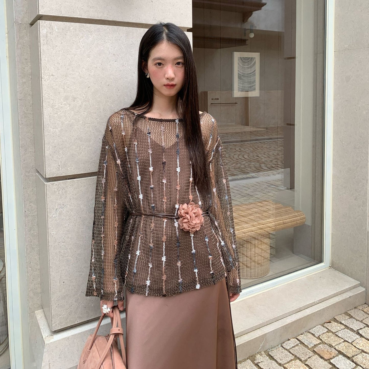 Perspective thin long-sleeved large round neck hollow-knit blouse top