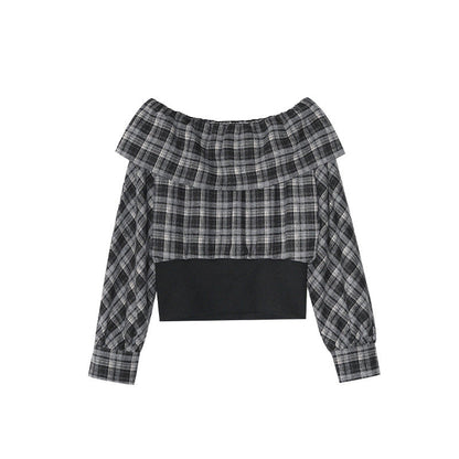 Threaded waist one-shoulder long-sleeved plaid shirt