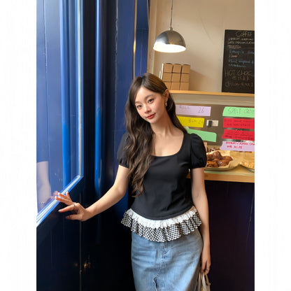 Sweet age-reducing lace trim square neck short-sleeved T-shirt