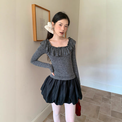French sweet age-reducing slim-fit polka-dot long-sleeved ruffle top