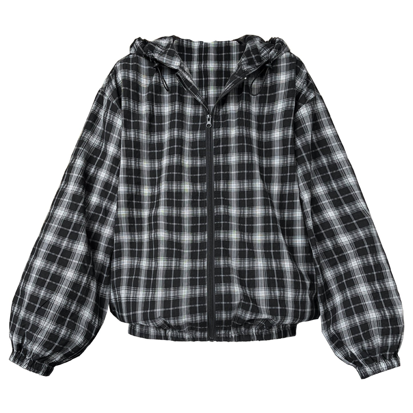 Vintage contrasting plaid jacket women's 2024 autumn new long-sleeved loose drawstring hooded top