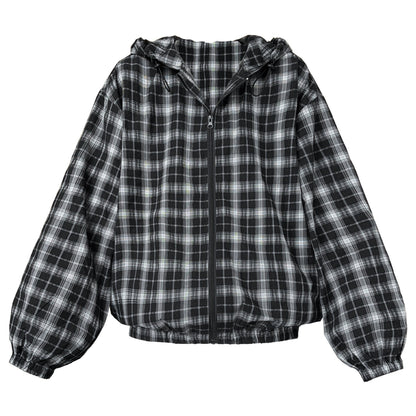 Vintage contrasting plaid jacket women's 2024 autumn new long-sleeved loose drawstring hooded top