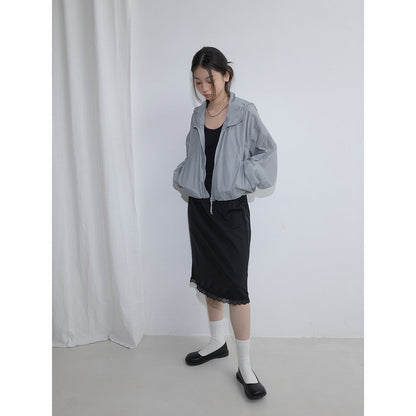 Spring new casual high waist simple solid color linen satin lace medium and long skirt