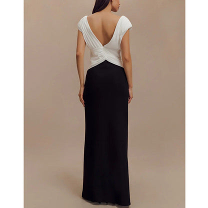 V-neck dress high-end celebrity style splicing temperament elegant long dress women's hip skirt
