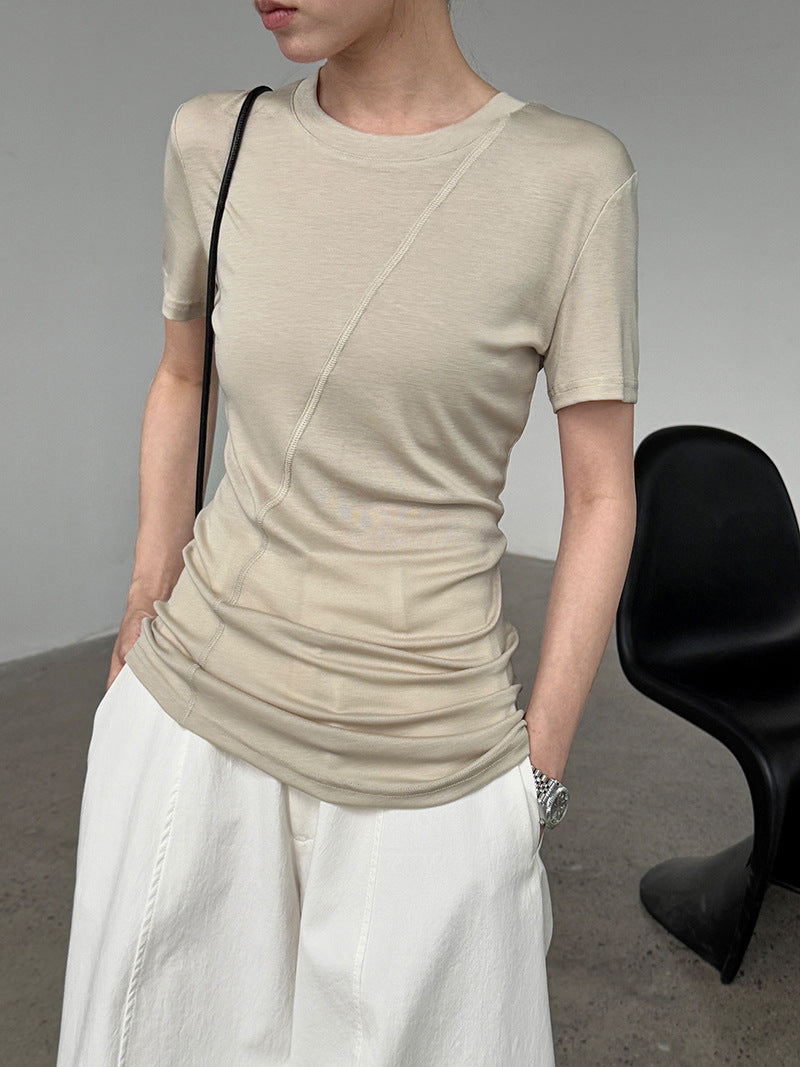 High Elasticity and Thin~ Design Sense Irregular Slim Sleeve Women's Summer Light and Thin Lyocell Tencel T-Shirt
