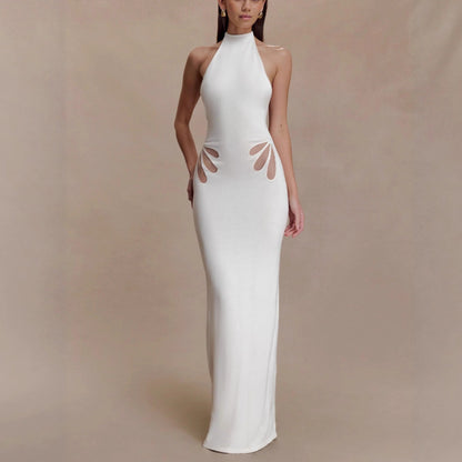 Sexy slim-fit hollowed-out neck-hanging knitted hip-wrapped skirt backless vacation dress