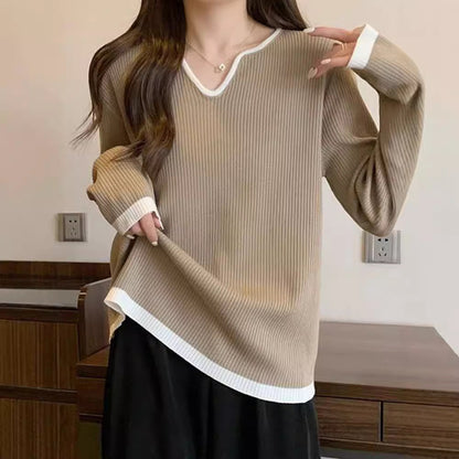 Color Block Long Sleeve T-Shirt Women Loose Fit V-Neck Mid-Length Top
