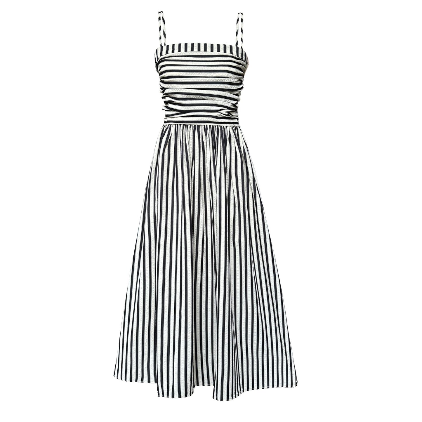 French striped tube top suspender dress for women's high-end off-the-shoulder pleated waist A-word long dress summer