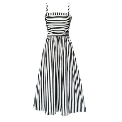 French striped tube top suspender dress for women's high-end off-the-shoulder pleated waist A-word long dress summer