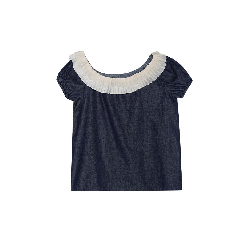 Ruffle Trim Off-Shoulder Denim Top