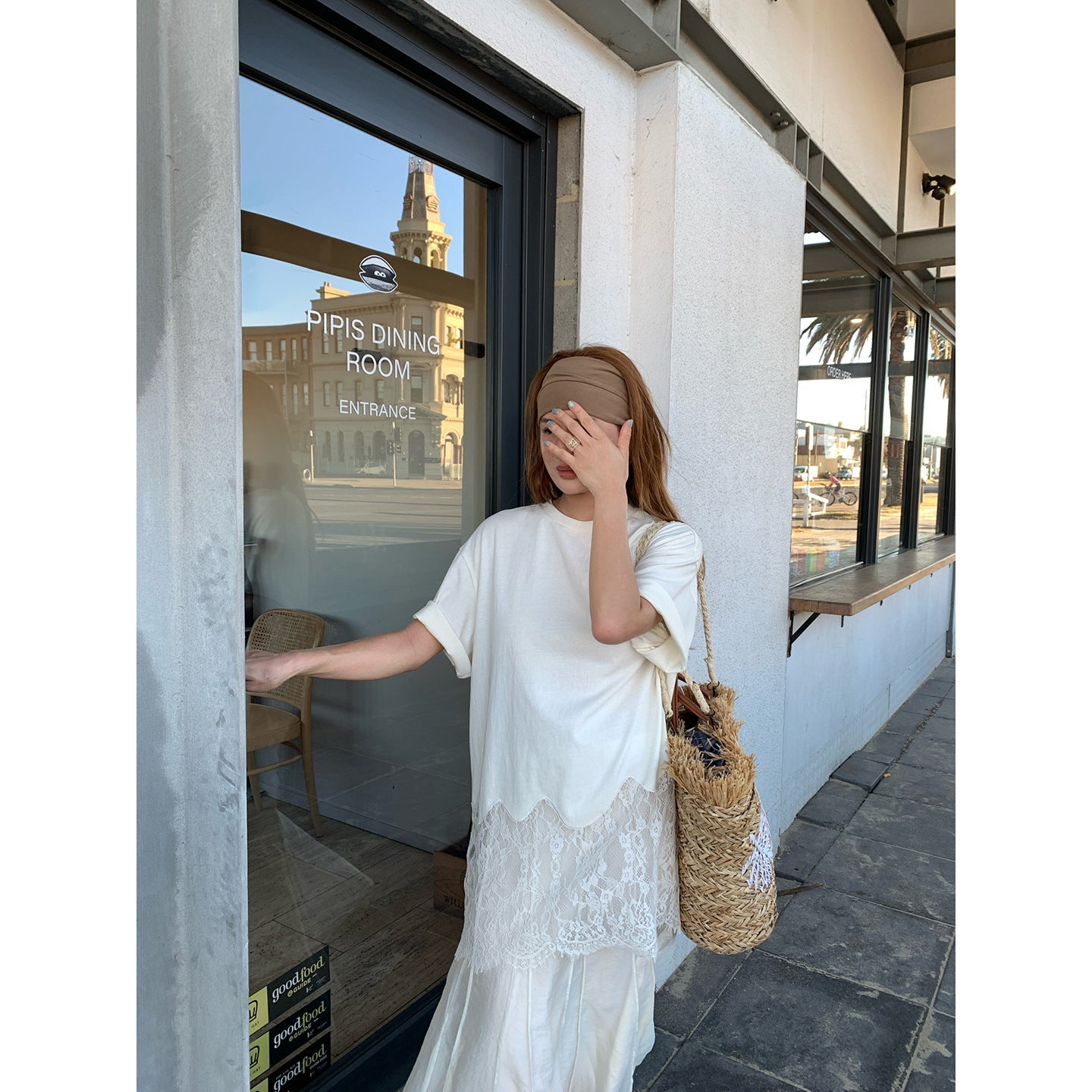 Early Spring French Gentle Lace Splicing Skirt Medium Sleeve Loose T-Shirt