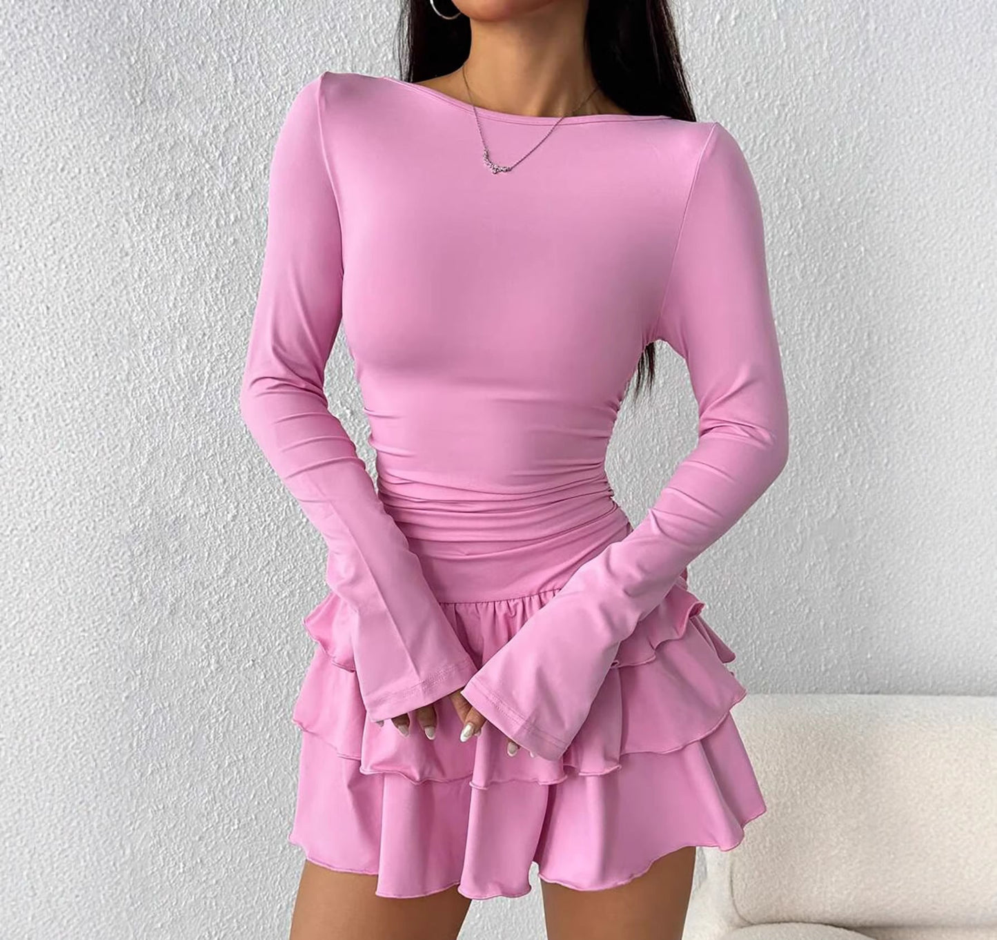 Slim Fit Midi Dress Women One-Shoulder Three-Quarter Sleeve Splicing