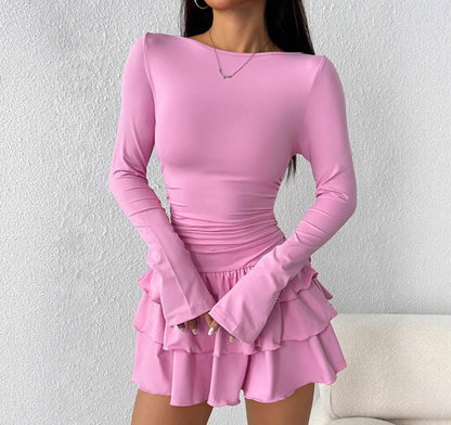 Slim Fit Midi Dress Women One-Shoulder Three-Quarter Sleeve Splicing