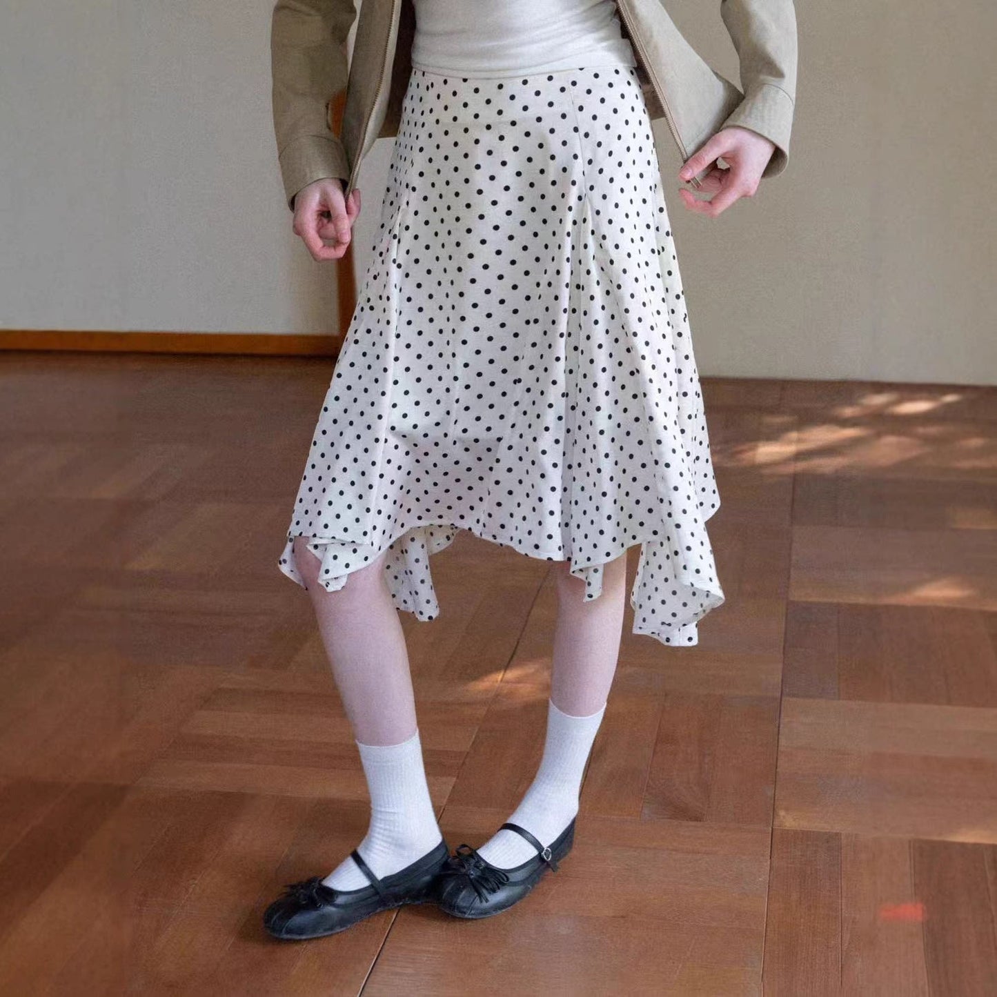 Summer retro fashion irregular a word polka dot skirt
