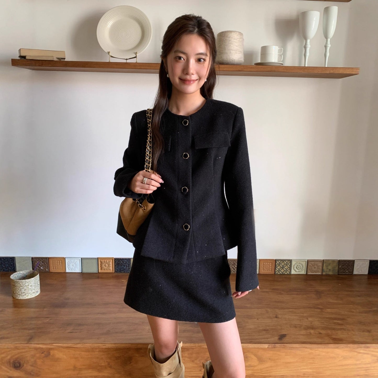 Temperament waist crew neck wool tweed jacket
