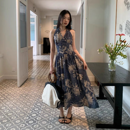 floral waist halterneck sleeveless dress