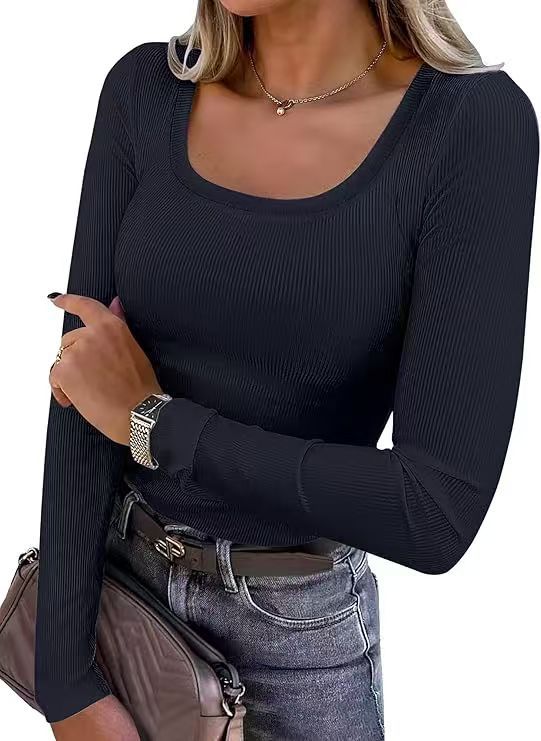 U-Neck Long Sleeve T-Shirt Women Slim Fit Knitted Solid Color Top